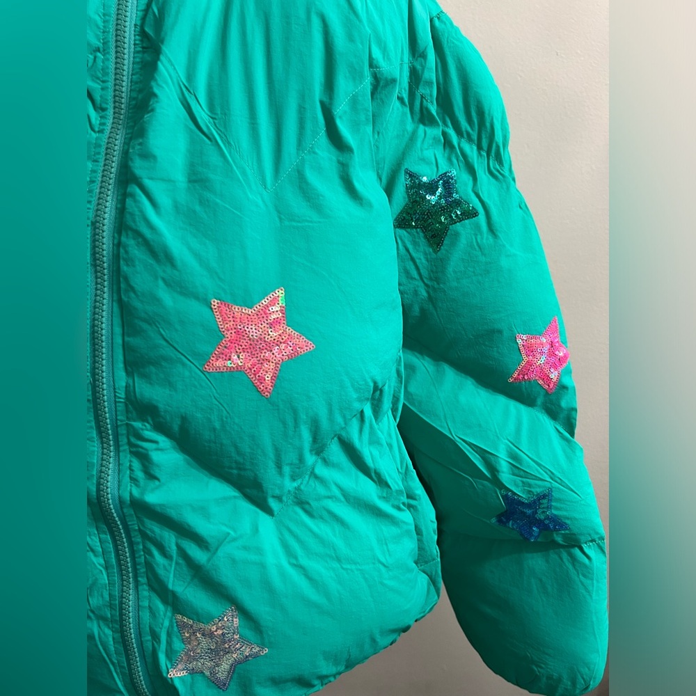 Teal Green Star Sequins Zip Up Puffer Jacket - Picture 9 of 13